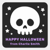 Schattigee schedel met sterretjes zwart paarse Hap Vierkante Sticker (Voorkant)