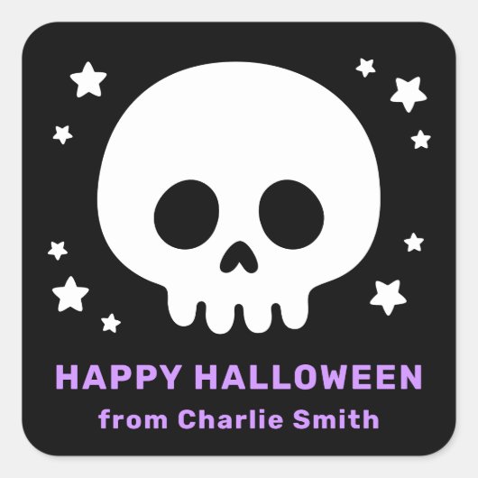 Schattigee schedel met sterretjes zwart paarse Hap Vierkante Sticker (Voorkant)