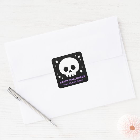 Schattigee schedel met sterretjes zwart paarse Hap Vierkante Sticker (Envelop)