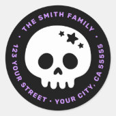 Schattigee schedel met sterretjes zwart paarse ret ronde sticker (Voorkant)