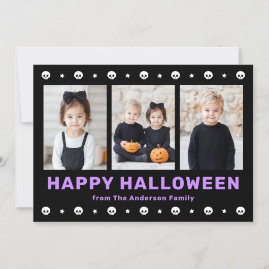 Schattigee schedels en sterren zwart paarse Hallow Feestdagenkaart (Voorkant)