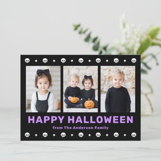 Schattigee schedels en sterren zwart paarse Hallow Feestdagenkaart (Staand voorkant)