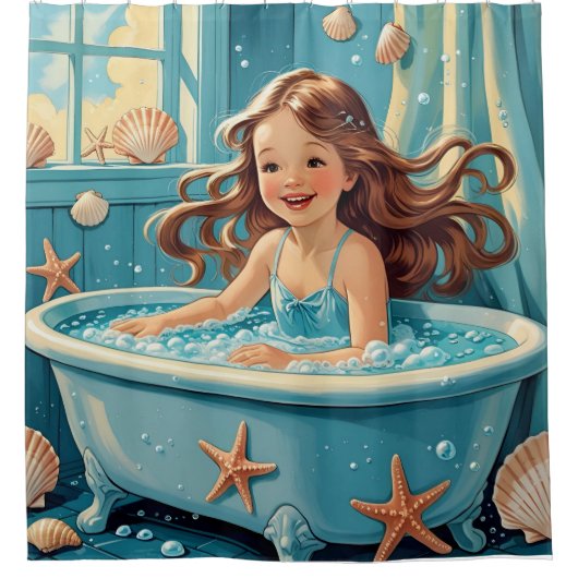 Schattigee schelpen Ocean-thema Bath Time Girl Douchegordijn (Voorkant)