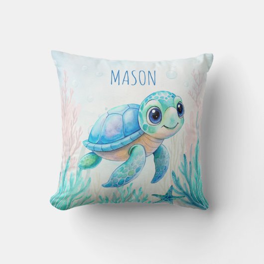 Schattigee schildpad aqua blue gepersonaliseerde n kussen (Voorkant)
