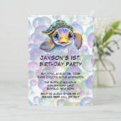 Schattigee Schildpad en Bubbels 1e Verjaardagsfees Kaart (Staand voorkant)