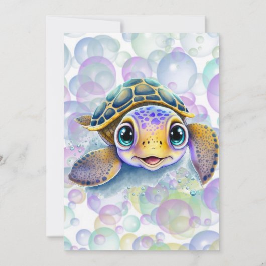 Schattigee Schildpad en Bubbels 1e Verjaardagsfees Kaart (Achterkant)