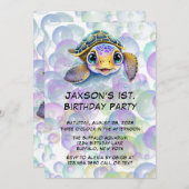 Schattigee Schildpad en Bubbels 1e Verjaardagsfees Kaart (Voorkant / Achterkant)