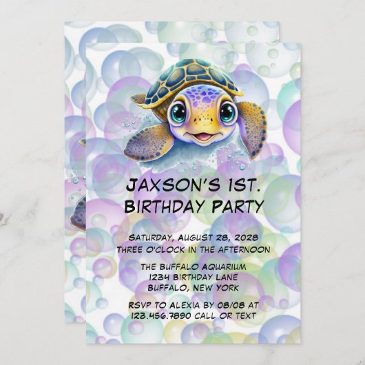 Schattigee Schildpad en Bubbels 1e Verjaardagsfees Kaart (Voorkant / Achterkant)