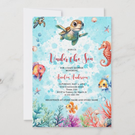 Schattigee schildpad onder het Zee Creatures Baby  Kaart (Voorkant)