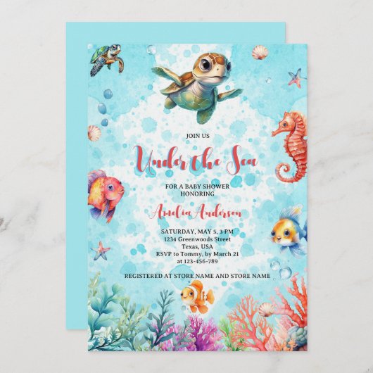 Schattigee schildpad onder het Zee Creatures Baby  Kaart (Voorkant / Achterkant)