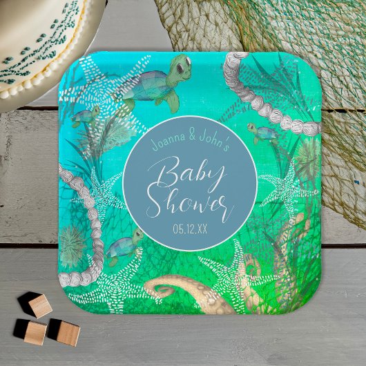 Schattigee schildpad onder het Zeeen Baby shower Papieren Bordje