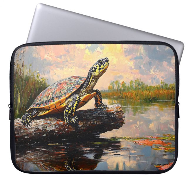 Schattigee Schildpad op een Log Everglades schilde Laptop Sleeve (Voorkant)