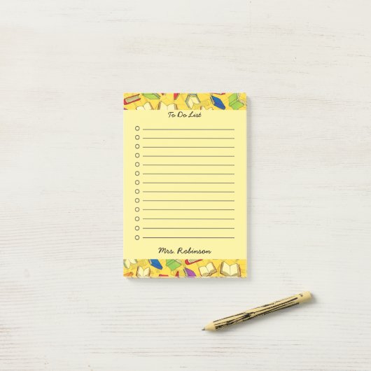 Schattigee schoolboeken leraar te doen lijst geel  post-it® notes (Op bureau)