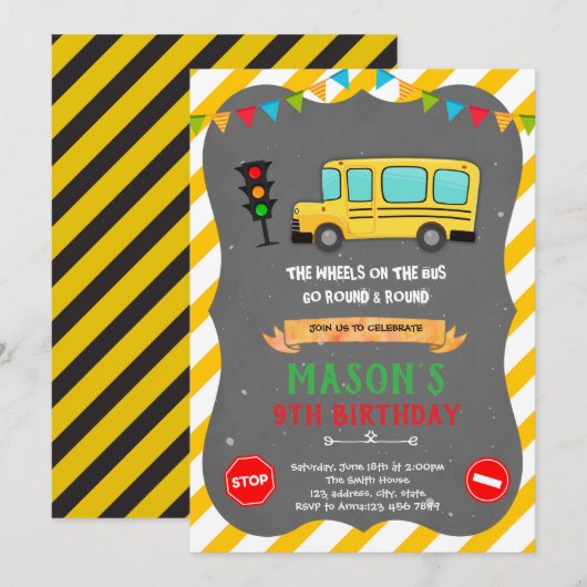 Schattigee schoolbus verjaardagsuitnodiging kaart (Voorkant / Achterkant)