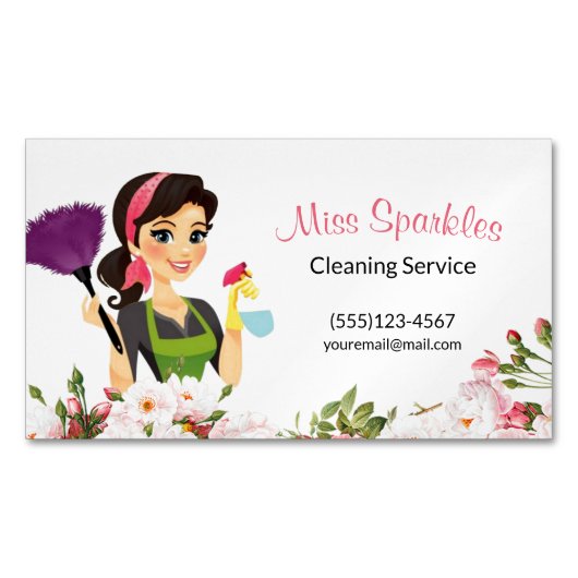Schattigee schoonmaakservice Bloemenmeisje Magnetisch Visitekaartje (Voorkant)