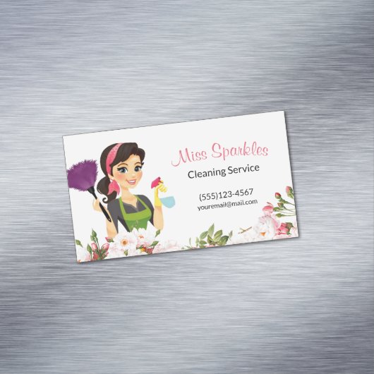 Schattigee schoonmaakservice Bloemenmeisje Magnetisch Visitekaartje (Voorbeeld)