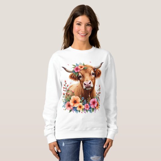 Schattigee Schotse Hoogland Koe Floral Trui (Voorkant volledig)