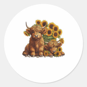 Schattigee Schotse Hoogland Koe Zonnebloem Moederd Ronde Sticker