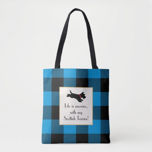 Schattigee Scottie Dog Buffalo Plaid Blauwe Canvas Tote Bag (Voorkant)