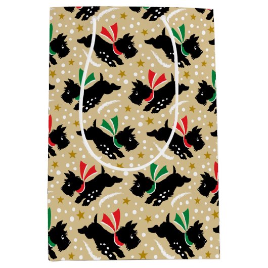 Schattigee Scottie Dog Fun Snow Retro Patroon Goud Medium Cadeauzakje (Voorkant)