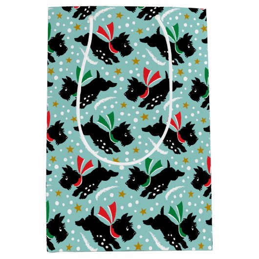 Schattigee Scottie Dog Fun Snow Retro Patroon Mint Medium Cadeauzakje (Voorkant)