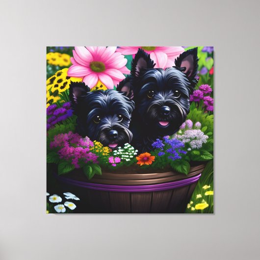 Schattigee Scottie Terrier Puppies in een Basket 9 Canvas Afdruk (Voorkant)