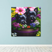 Schattigee Scottie Terrier Puppies in een Basket 9 Canvas Afdruk (Insitu (Houten vloer))