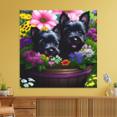 Schattigee Scottie Terrier Puppies in een Basket 9 Canvas Afdruk (Insitu (Woonkamer))