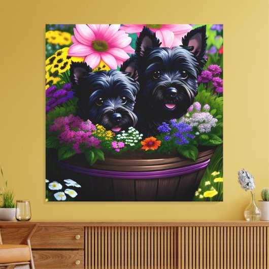 Schattigee Scottie Terrier Puppies in een Basket 9 Canvas Afdruk (Insitu (Woonkamer))