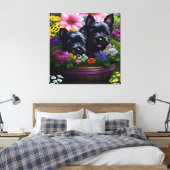 Schattigee Scottie Terrier Puppies in een Basket 9 Canvas Afdruk (Insitu (Slaapkamer))