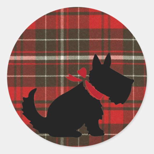 Schattigee Scotty Dog & Red Tartan Ronde Sticker (Voorkant)