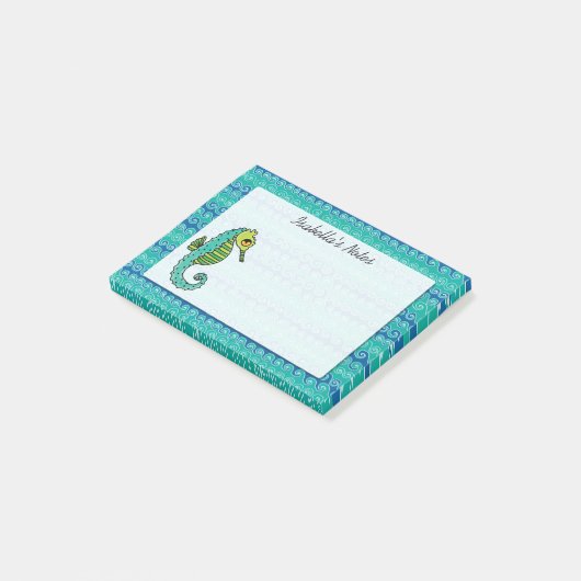 Schattigee Seahorse Blauw en Groen Custom Name Post-it® Notes (Schuin)