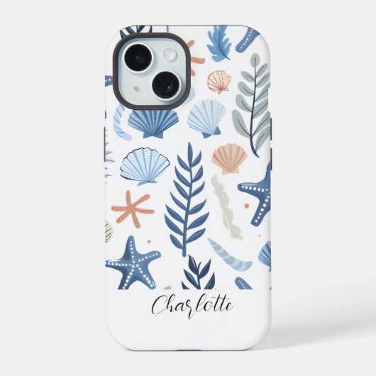 Schattigee Seashell Starfish gepersonaliseerde naa iPhone 15 Case (Achterkant)