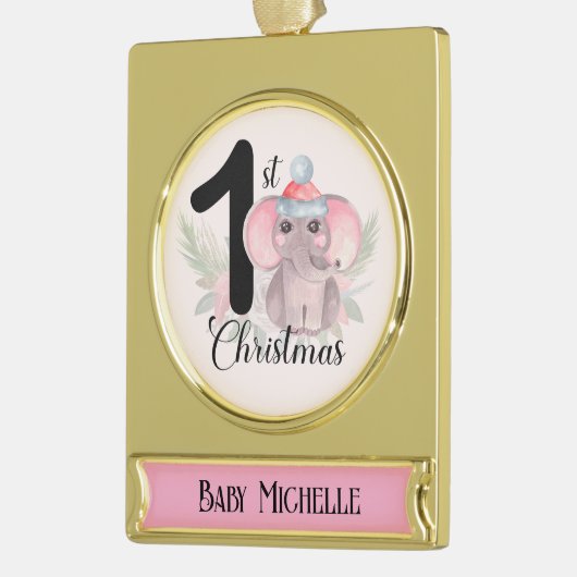 Schattigee seizoensgebonden olifant baby meisje 1e verguld banner ornament (Links)