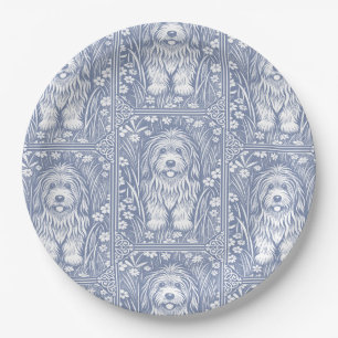 Schattigee Shaggy Dog Blauw en Wit Cottagecore Papieren Bordje
