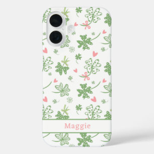 Schattigee Shamrocks met Roze Bogen en Harten iPhone 16 Hoesje