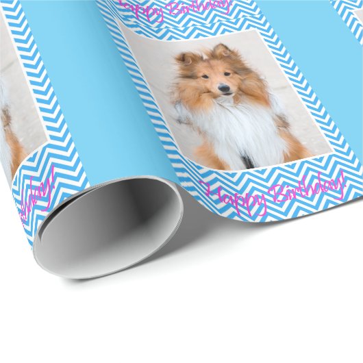 Schattigee Sheltie Shetland Sheepdog Happy Birthda Cadeaupapier (Rol Hoek)