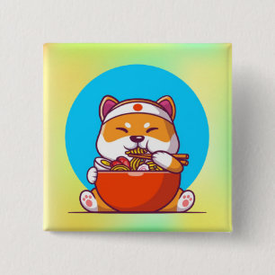 Schattigee Shiba Inu Eten Ramen Noodle Cartoon-230 Vierkante Button 5,1 Cm