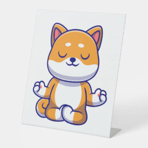 Schattigee shiba inu hond doen yoga meditatie cart reclamebord met voetstuk