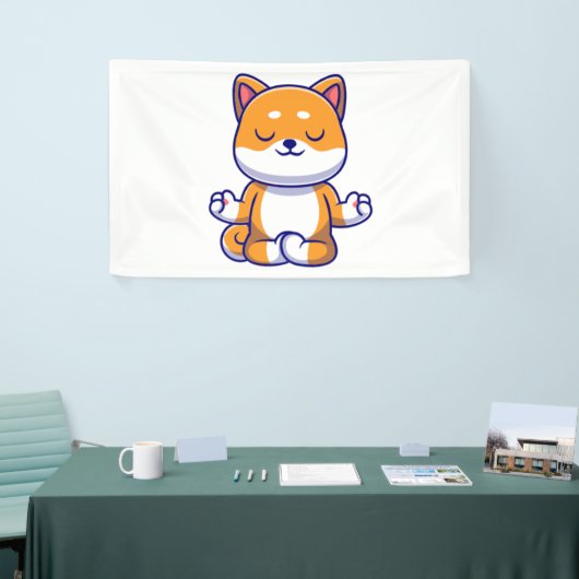 Schattigee shiba inu hond doen yoga meditatie cart spandoek (Beurs)