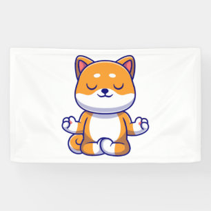 Schattigee shiba inu hond doen yoga meditatie cart spandoek