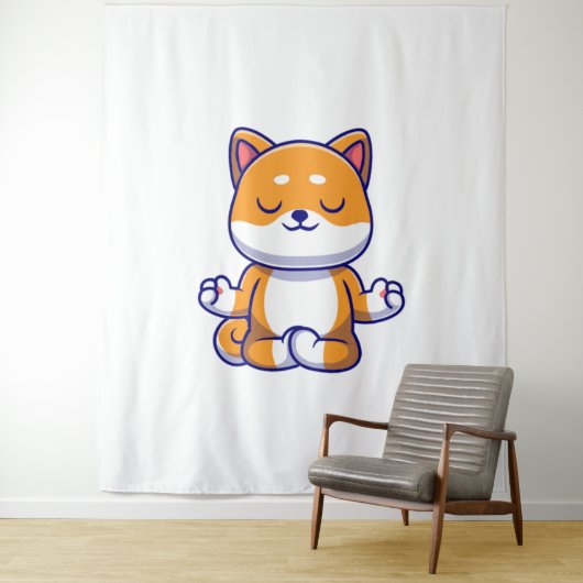 Schattigee shiba inu hond doen yoga meditatie cart wandkleed (In situ)