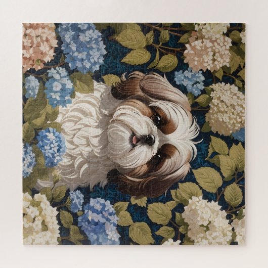Schattigee Shih Tzu Puppy Blauwe hortensia bloemen Legpuzzel (Horizontaal)