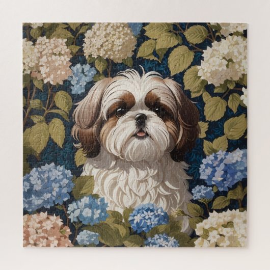 Schattigee Shih Tzu Puppy Blauwe hortensia bloemen Legpuzzel (Verticaal)