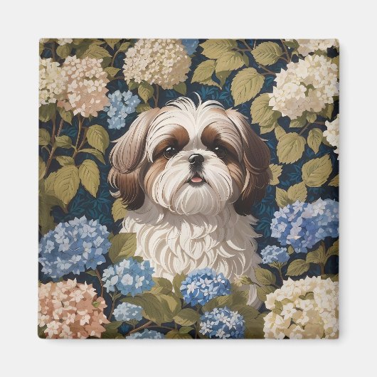 Schattigee Shih Tzu Puppy Blauwe hortensia bloemen Magneet (Voorkant)