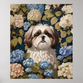 Schattigee Shih Tzu Puppy Blauwe hortensia bloemen Poster