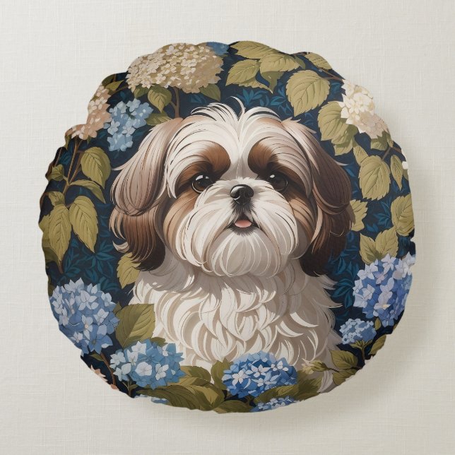 Schattigee Shih Tzu Puppy Blauwe hortensia bloemen Rond Kussen (Voorkant)