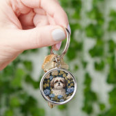 Schattigee Shih Tzu Puppy Blauwe hortensia bloemen Sleutelhanger (Hand)
