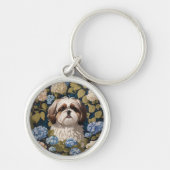 Schattigee Shih Tzu Puppy Blauwe hortensia bloemen Sleutelhanger (Voorkant)