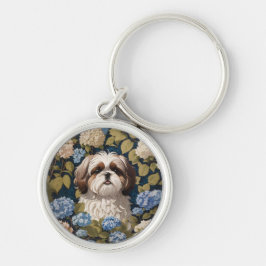Schattigee Shih Tzu Puppy Blauwe hortensia bloemen Sleutelhanger